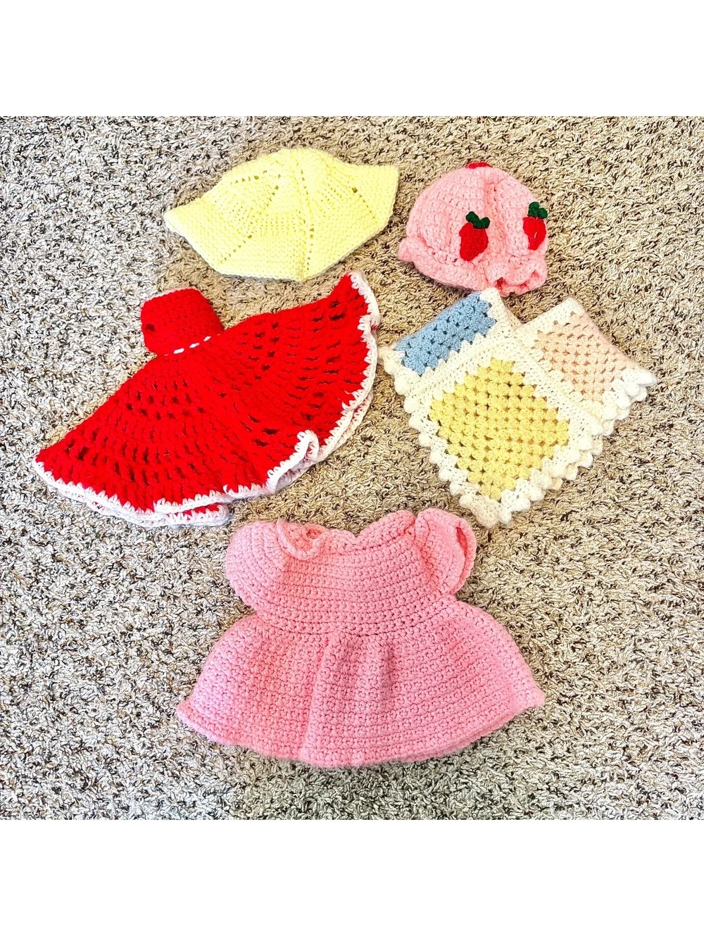 Vintage Handmade Crochet Doll Clothes Lot – Dresses, Hats & Granny Square Shawls